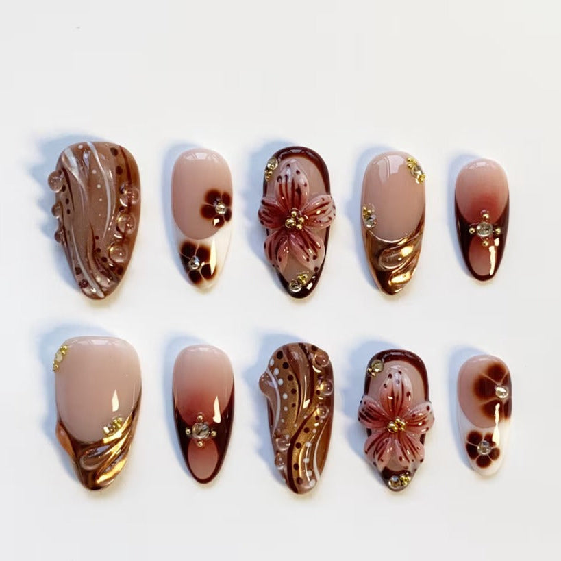 Nailuvia-AL034 Almond "Mocha Blossom" Press-On Nails