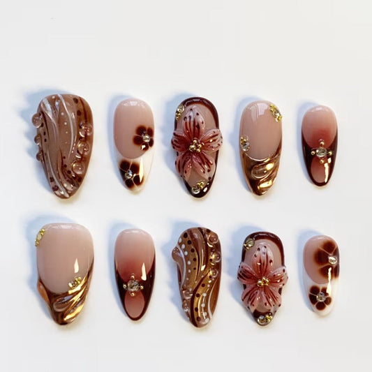 Nailuvia-AL034 Almond "Mocha Blossom" Press-On Nails