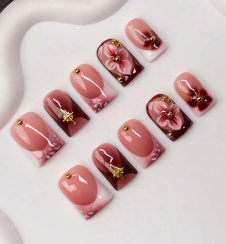 10pcs Handmade Acrylic Press-On Nails | Burgundy & Nude Pink with 3D Floral & Gold Accents | Reusable, Work-Friendly ST003