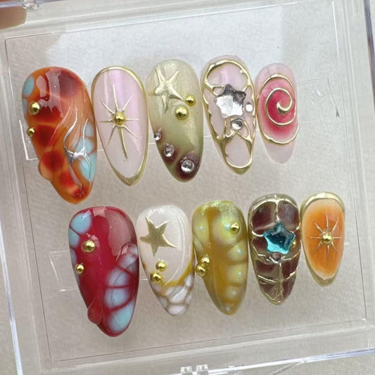 Nailuvia-AL010 Almond "Cosmic Garden" Press-On Nails