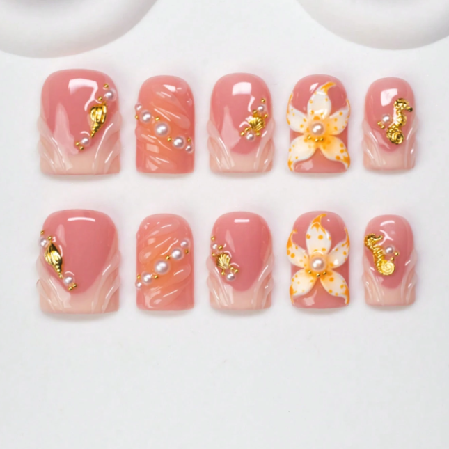 Nailuvia 10pcs Pink Gradient Press On Nails | 3D Floral Pearl & Gold Foil Embellished Reusable Acrylic Nails