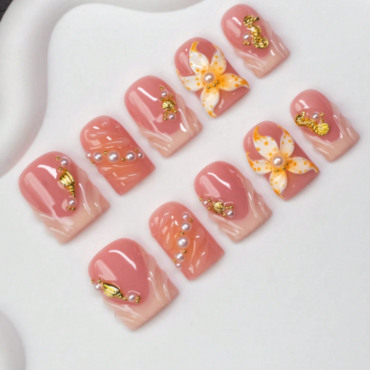 Nailuvia 10pcs Pink Gradient Press On Nails | 3D Floral Pearl & Gold Foil Embellished Reusable Acrylic Nails