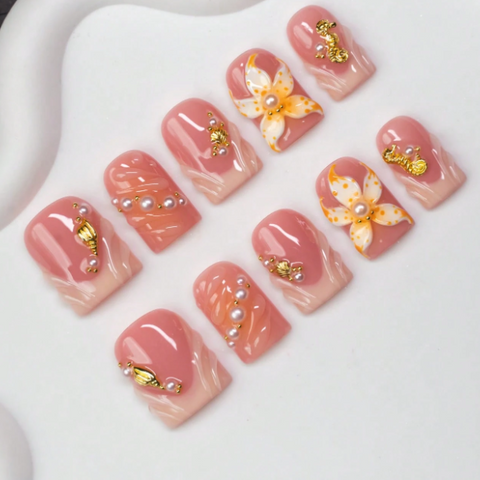 Nailuvia 10pcs Pink Gradient Press On Nails | 3D Floral Pearl & Gold Foil Embellished Reusable Acrylic Nails