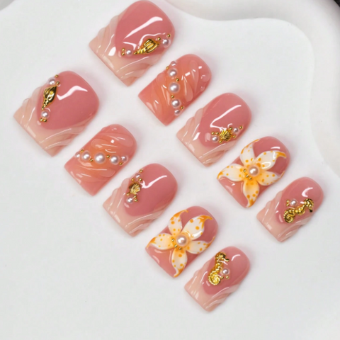 Nailuvia 10pcs Pink Gradient Press On Nails | 3D Floral Pearl & Gold Foil Embellished Reusable Acrylic Nails