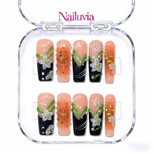 Nailuvia-DX135 Midium-Square "Blossom Noir" Press-On Nails