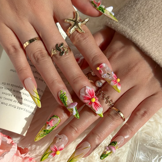 Nailuvia 10pcs Stiletto Press On Nails | Tropical Pink Floral Green Leaf Gold Starfish Pearl Reusable Acrylic Nails
