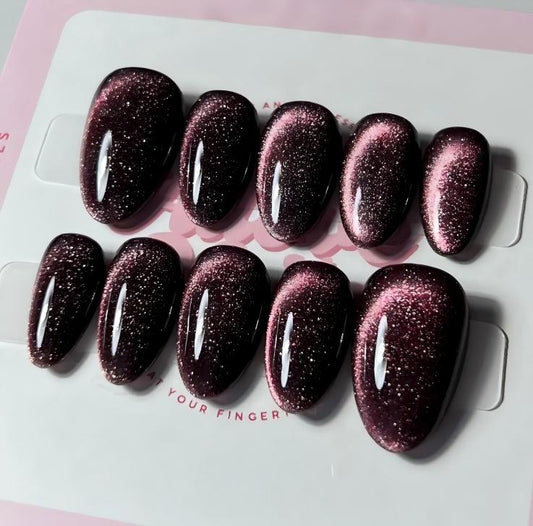 Nailuvia-CA016 Cat Eye "Burgundy Stardust" Press-On Nails