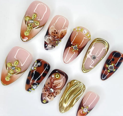 Nailuvia-AL018 Almond "Tortoiseshell Opulence" Press-On Nails