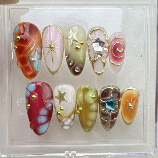 Nailuvia-AL010 Almond "Cosmic Garden" Press-On Nails