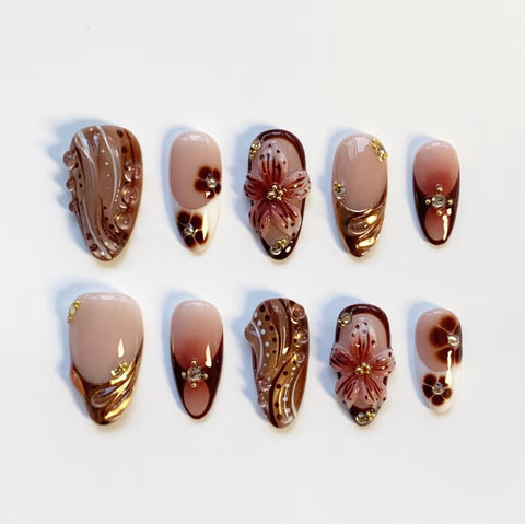 Nailuvia-AL013 Almond "Mocha Bloom" Press-On Nails