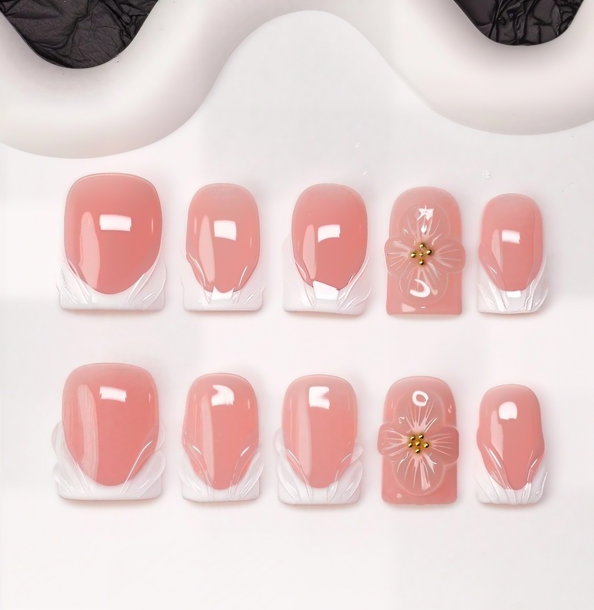 10Pcs Handmade Acrylic Press-On Nails | Nude Pink with 3D Floral Accents | Reusable, Durable Work-Friendly Manicure Set ST002
