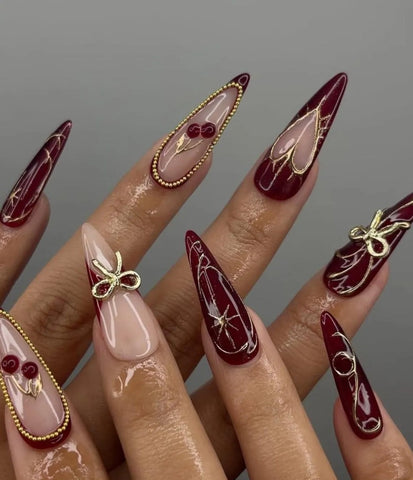 Nailuvia-ST003 Stiletto "Burgundy Opulence" Press-On Nails