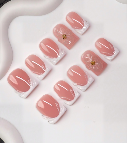 10Pcs Handmade Acrylic Press-On Nails | Nude Pink with 3D Floral Accents | Reusable, Durable Work-Friendly Manicure Set ST002