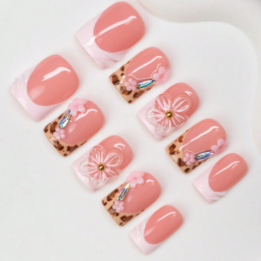 Nailuvia 10pcs Pink French Press On Nails | Leopard Print 3D Floral & Iridescent Glitter Reusable Acrylic Nails