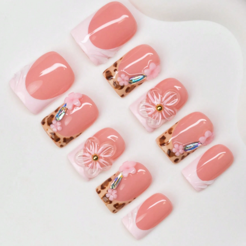 Nailuvia 10pcs Pink French Press On Nails | Leopard Print 3D Floral & Iridescent Glitter Reusable Acrylic Nails