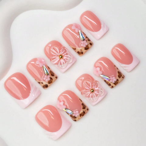 Nailuvia 10pcs Pink French Press On Nails | Leopard Print 3D Floral & Iridescent Glitter Reusable Acrylic Nails