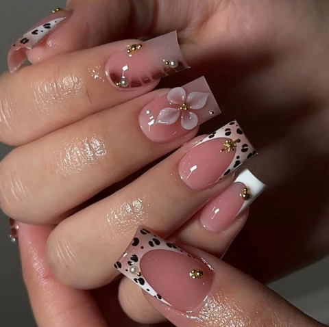 Nailuvia 10pcs Square Press On Nails | Nude Pink Dalmatian Print 3D Floral & Gold Stud Reusable Acrylic Nails