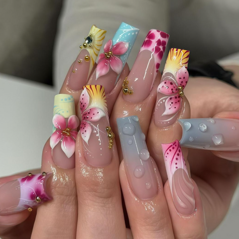 Nailuvia 10pcs Extra Long Square Press On Nails | Pink Floral Yellow Sunburst Blue Gradient 3D Dew Drop Reusable Acrylic Nails