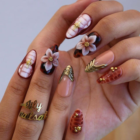 Nailuvia-AL014 Almond "Tortoiseshell Blossom" Press-On Nails