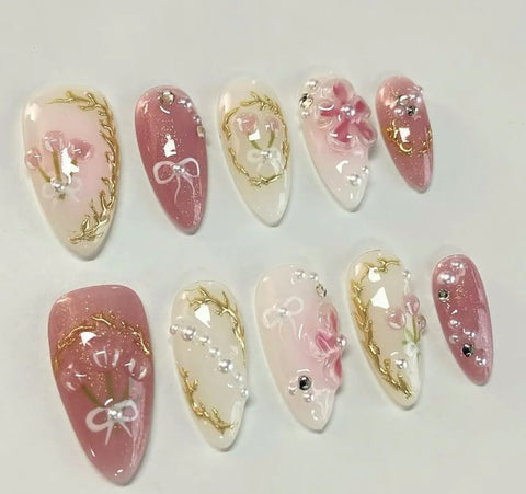 Nailuvia-AL037 Almond "Blossom Bow" Press-On Nails