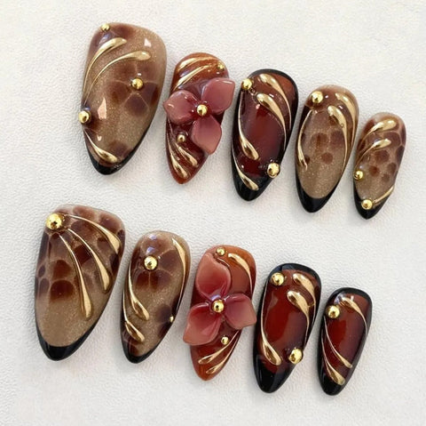 Nailuvia-AL035 Almond "Tortoiseshell Bloom" Press-On Nails