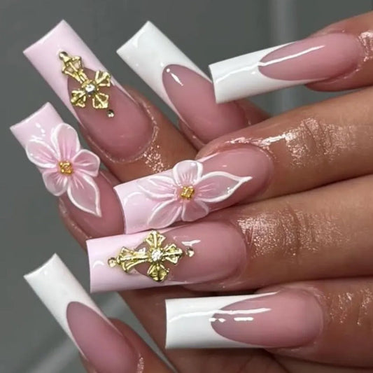 Nailuvia-FR013 French "Blossom &amp; Cross" Press-On Nails