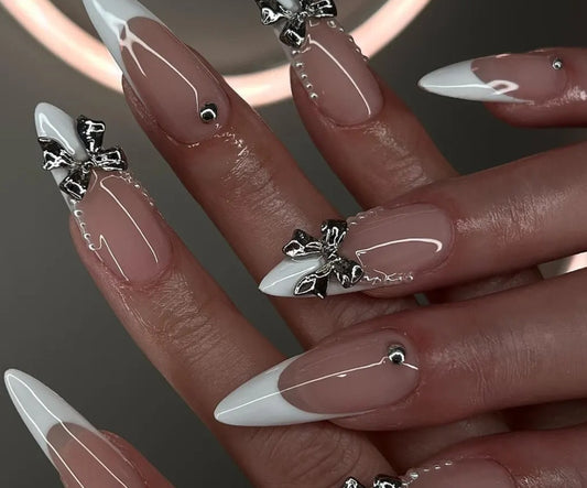 Nailuvia-FR005 French "Silver Bow Opulence" Press-On Nails