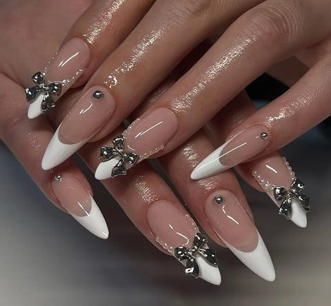 Nailuvia-FR005 French "Silver Bow Opulence" Press-On Nails