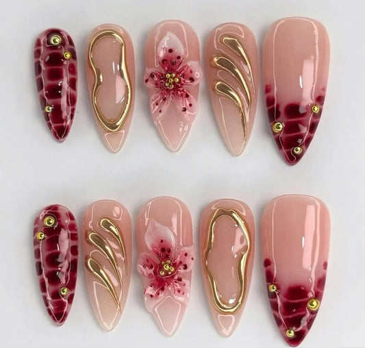 Nailuvia-AL039 Almond "Burgundy Bloom" Press-On Nails