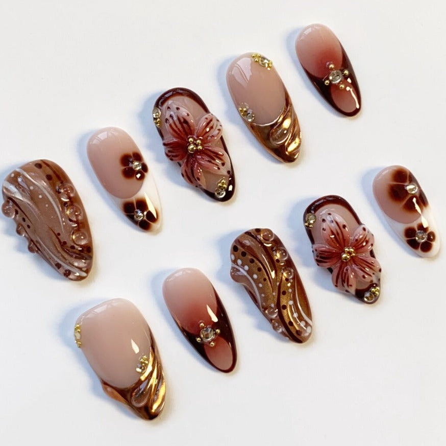Nailuvia-AL013 Almond "Mocha Bloom" Press-On Nails