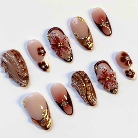 Nailuvia-AL013 Almond "Mocha Bloom" Press-On Nails