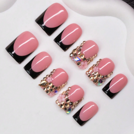Nailuvia 10pcs Pink Black French Press On Nails | Luxury Rhinestone & Gold Embellished Reusable Acrylic Nails