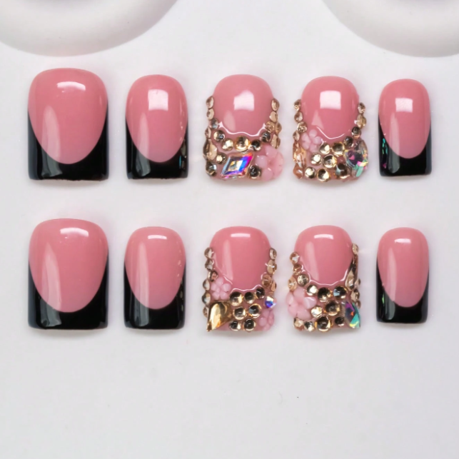 Nailuvia 10pcs Pink Black French Press On Nails | Luxury Rhinestone & Gold Embellished Reusable Acrylic Nails
