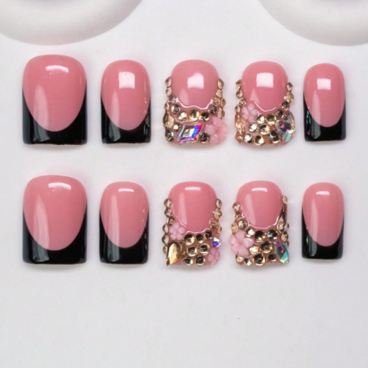 Nailuvia 10pcs Pink Black French Press On Nails | Luxury Rhinestone & Gold Embellished Reusable Acrylic Nails