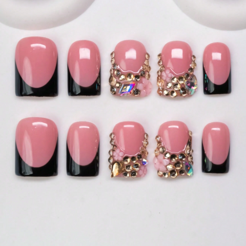 Nailuvia 10pcs Pink Black French Press On Nails | Luxury Rhinestone & Gold Embellished Reusable Acrylic Nails
