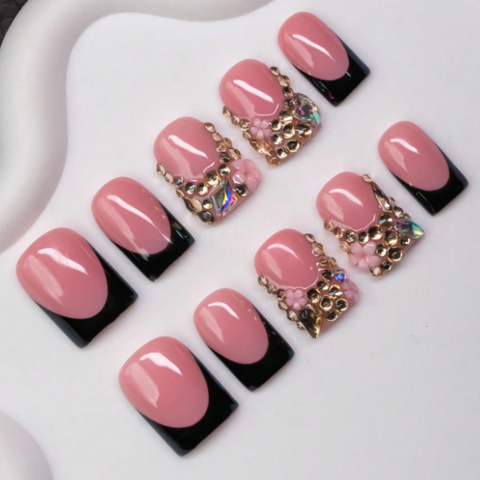 Nailuvia 10pcs Pink Black French Press On Nails | Luxury Rhinestone & Gold Embellished Reusable Acrylic Nails