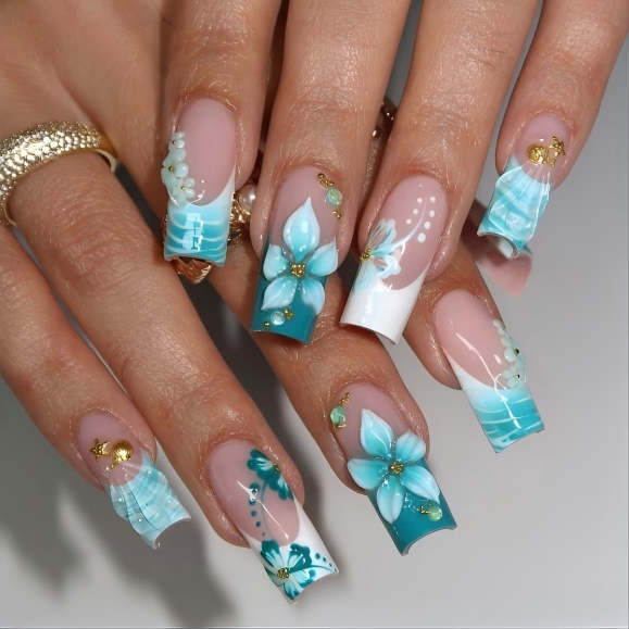 Nailuvia 10pcs Long Square Press On Nails | Ocean Blue 3D Floral White French Tip Gold Stud Reusable Acrylic Nails