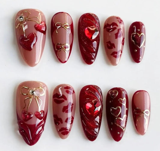 Nailuvia-AL040 Almond "Ruby Romance" Press-On Nails