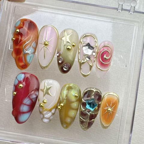 Nailuvia-AL010 Almond "Cosmic Garden" Press-On Nails