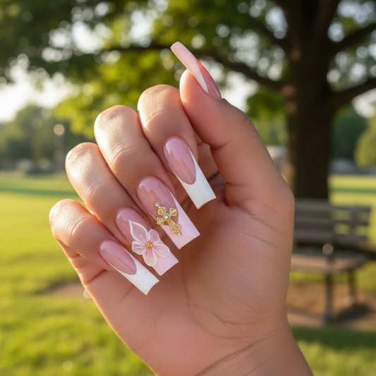 Nailuvia-FR013 French "Blossom &amp; Cross" Press-On Nails