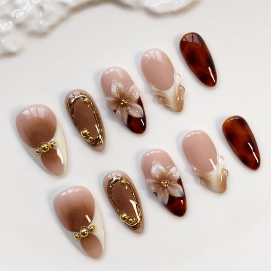 Nailuvia-AL012 Almond "Toffee Blossom" Press-On Nails
