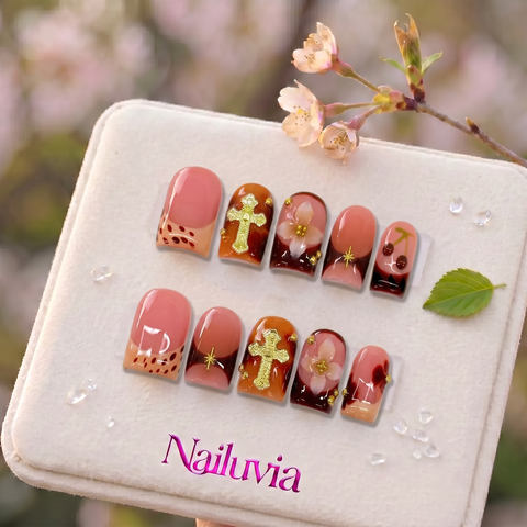 HK-C036 Handmade Medium Square Acrylic Nails for Daily Life，Party，Holiday,Travel
