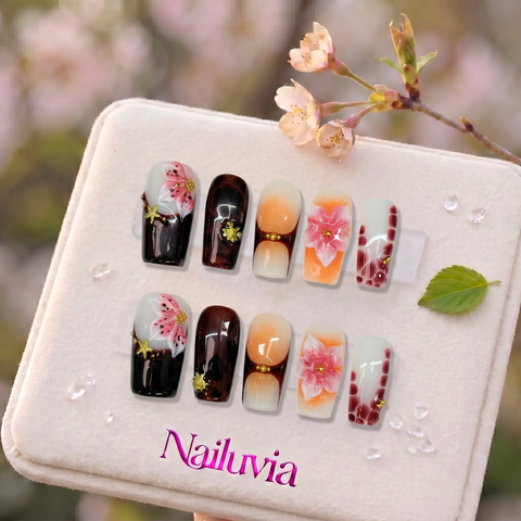 HK-C037 Handmade Medium Square Acrylic Nails for Daily Life，Party，Holiday,Travel
