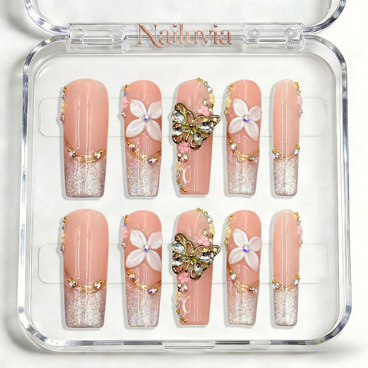 Nailuvia-D008 Midium-Square "Blossom Butterfly" Press-On Nails