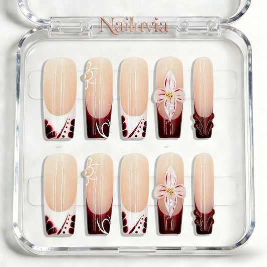Nailuvia-D034 Midium-Square "Burgundy Bloom" Press-On Nails