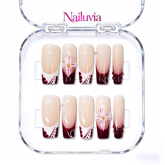 Nailuvia-D034 Midium-Square "Burgundy Bloom" Press-On Nails
