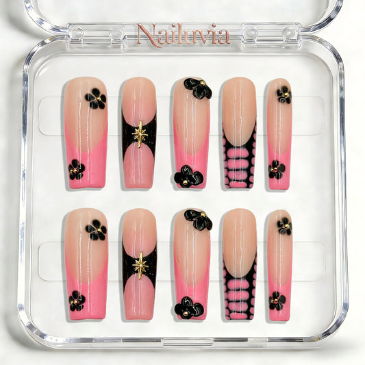 Nailuvia-D047 Midium-Square "Pink Noir Bloom" Press-On Nails