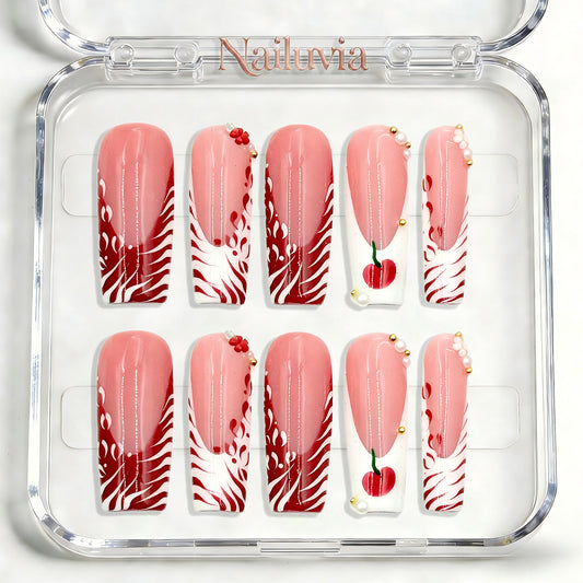 Nailuvia-D054 Midium-Square "Cherry Rouge Swirl" Press-On Nails