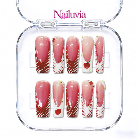 Nailuvia-D054 Midium-Square "Cherry Rouge Swirl" Press-On Nails