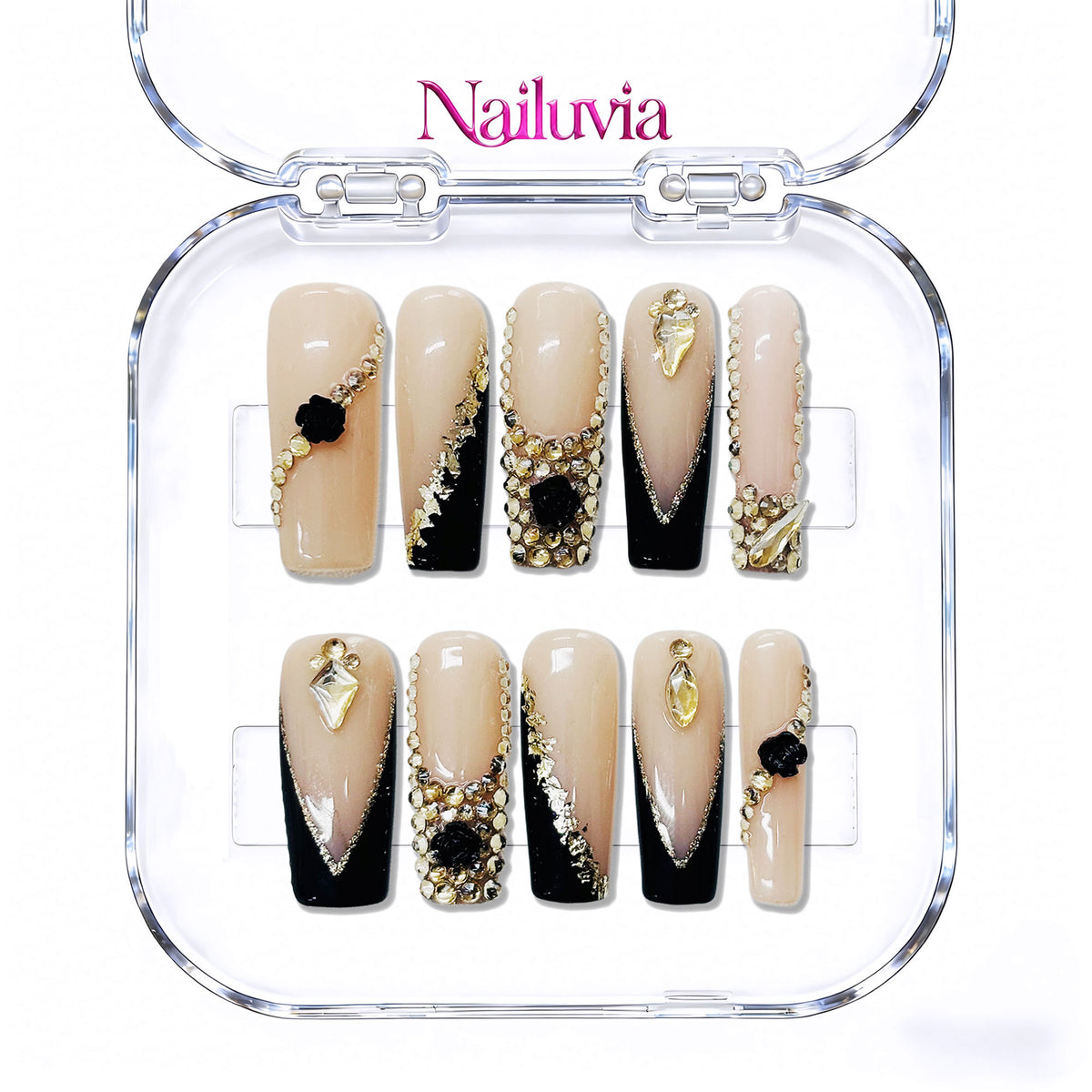 Nailuvia-D055 Midium-Square "Noir &amp; Gold Opulence" Press-On Nails